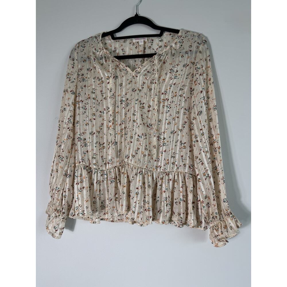 Floral Ruffle Pleated Long Sleeve Blouse XS Romantic Ligthweight Feminine